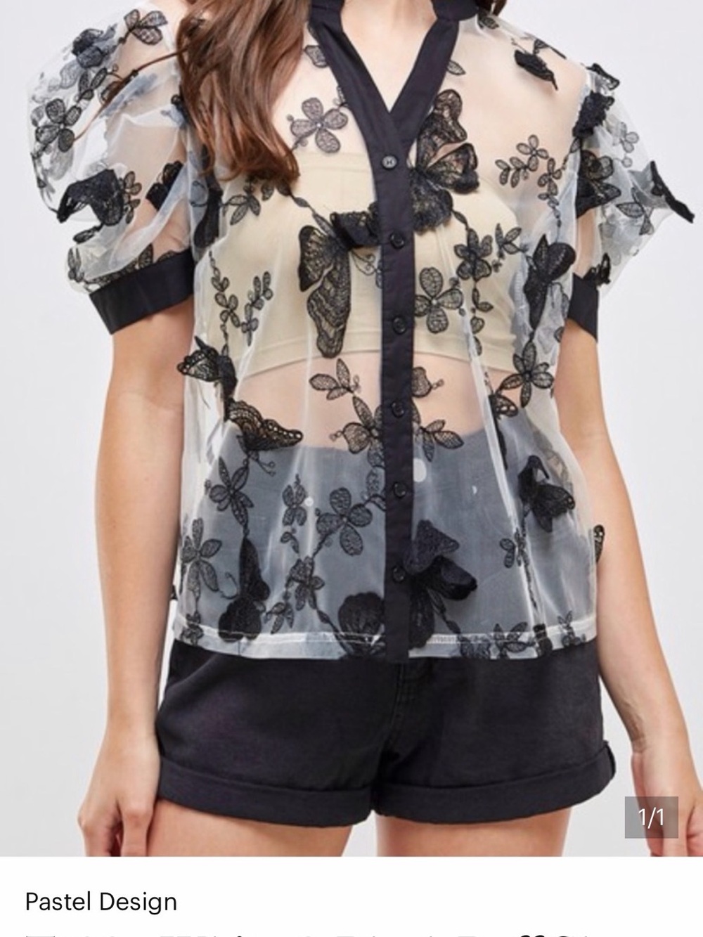 T129 - White & Black Puff Sleeve Mesh Floral & 3D Butterfly Button Down Blouse